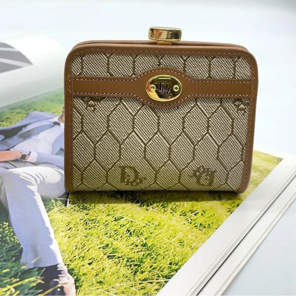 Auth Christian Dior Honeycomb PVC x Leather Beige Clasp Coin Case W/Box